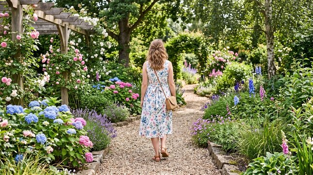 Woman in floral dress walks down a picturesque garden path surrounded by blooming flowers and lush greenery