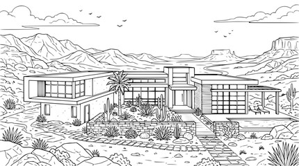 Fototapeta premium Modern Luxury Desert Villa Coloring Page with Mountain Landscape