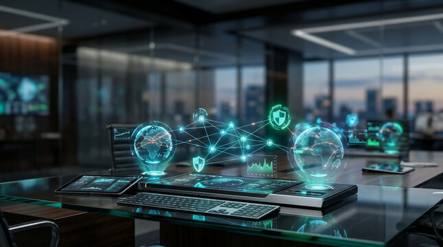 Futuristic high-tech workstation in office with global network holograms and cybersecurity data