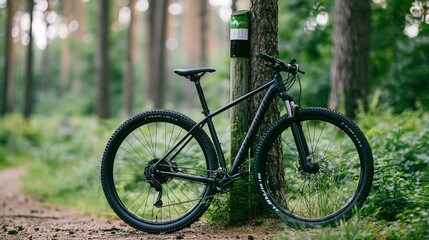 Fototapeta premium Durable black mountain bike resting against a tree on a forest trail
