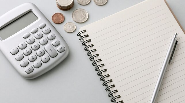 Top view of a white calculator, scattered coins, open notebook and pen on a clean desk surface.