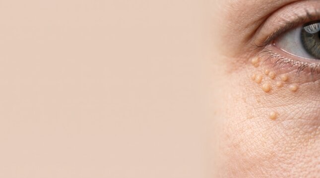 Macro Photo of Under Eye Milia Syringoma Small White Papules Cluster on Eyelid Skin