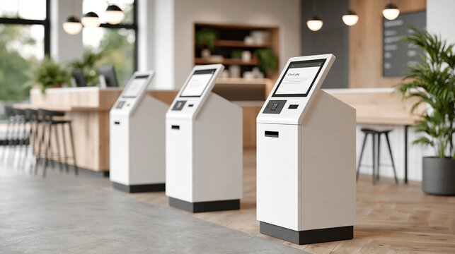 Modern self-service kiosks lined up in a bright, contemporary reception area or retail space