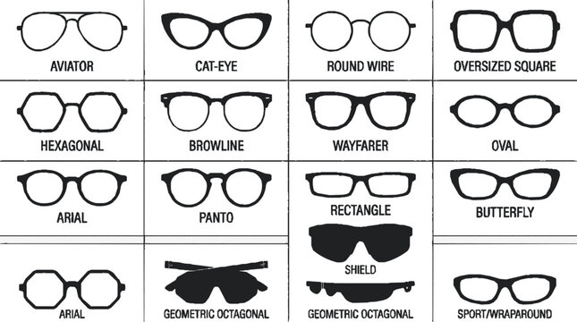 Comprehensive eyewear silhouette collection featuring diverse modern optical frame styles and distinctive lens shapes set with cat eye