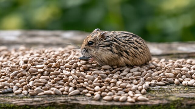 Tiny wild field mouse foraging for seeds on a rustic wooden surface with shallow depth of field