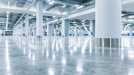 Obraz premium Vast, Brightly Lit Modern Exhibition Hall Interior with Polished Concrete Floor and Support Columns