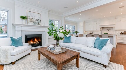 Naklejka premium Bright and Airy Modern Living Room with Fireplace and Open Concept Kitchen