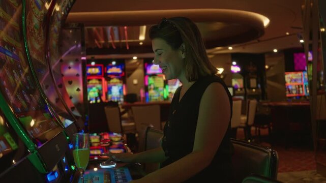 Woman cheering at slot machine in casino building, fists raised and smiling at winning spin; joy luck winning.