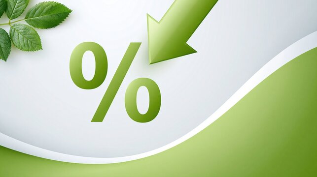 Green arrow pointing down over large percentage sign with fresh leaves, symbolizing decrease in rates