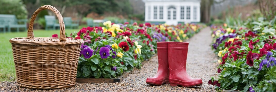 Wicker Basket and Red Wellies in a Blooming Garden Path with Colorful Pansies and Greenhouse