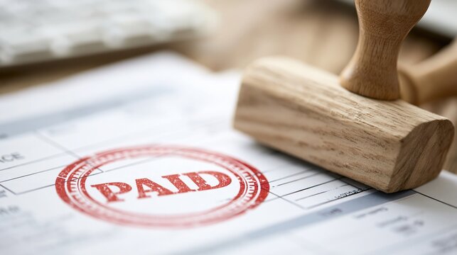Close-up of a wooden stamp pressing a red paid seal onto an invoice document on a desk.
