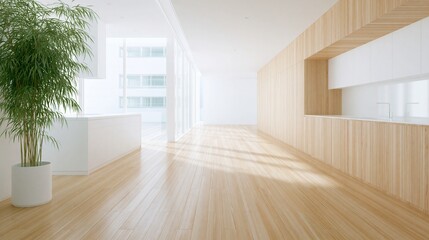 Fototapeta premium Spacious modern interior with light wood flooring and kitchen cabinetry featuring a tall green potted plant near large windows.