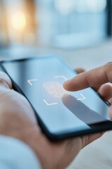 User authenticating mobile device access using biometric fingerprint scan for secure digital identity verification