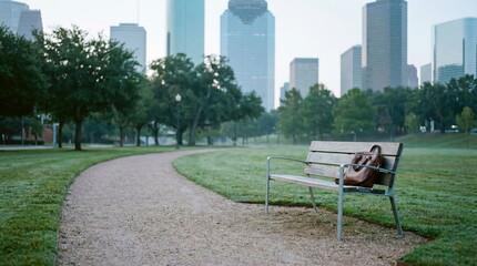 Fototapeta premium Empty park bench with bag beside pathway overlooking city skyline, urban solitude concept