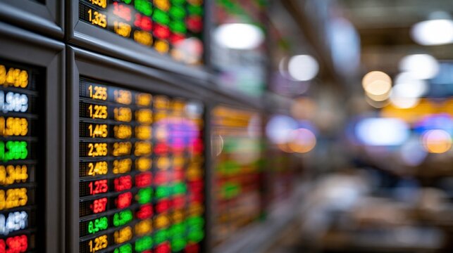 Close-up of a vibrant stock market ticker displaying financial data with red and green numbers, symbolizing trading and economic trends.