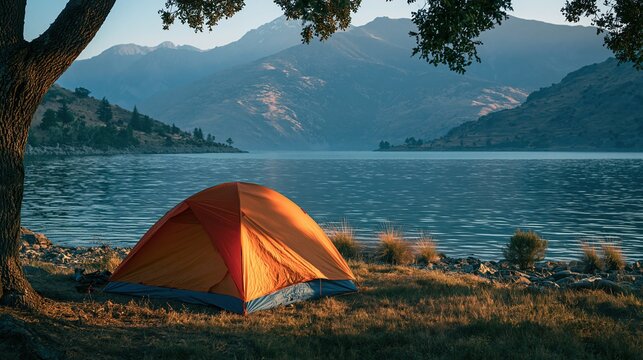 Orange tent set up by a calm lake with mountains in the background at sunrise, creating a serene camping adventure scene.
