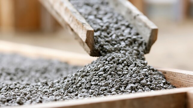Close-up view of aggregate material being poured from a wooden chute into a construction form