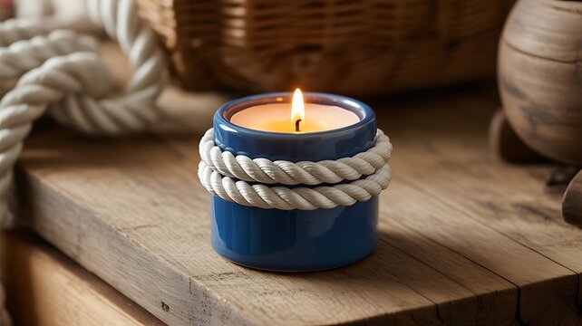 A soothing candle wrapped in rope lighting up a wooden table with a basket rope in background creating a cozy cabin atmosphere