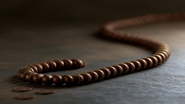 Close up of a looped wooden bead mala or prayer beads on a dark textured surface, spiritual object