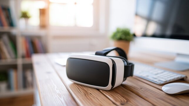 Modern virtual reality headset resting on a wooden desk alongside a computer keyboard and mouse in a bright home office setting