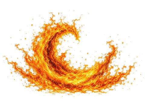 Dynamic swirling wave of fire with bright orange flames isolated on transparent background for special effect edit.
