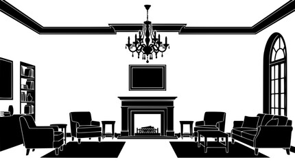 Fototapeta premium Black and white silhouette of a luxury living room interior with a fireplace