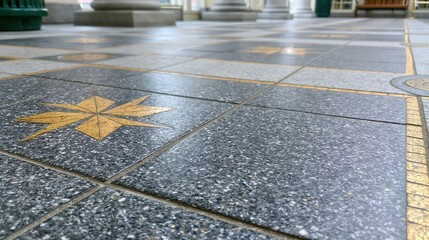 Obraz premium Close-up view of a patterned terrazzo floor with a star inlay and marble columns in the background
