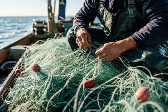Fisherman mending a fishing net on a boat at sea, focused on hands and net
