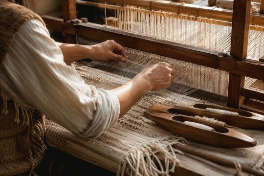 Weaving a traditional textile on an antique loom, close-up on skilled hands working with threads