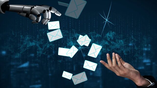 Futuristic Robot Hand Delivering Digital Emails to Human Hand in High-Tech Environment with Abstract Data Visualization Background. Entropy.