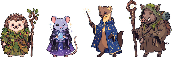 Fototapeta premium Cute cartoon fantasy animal magic characters vector set with wizard, druid
