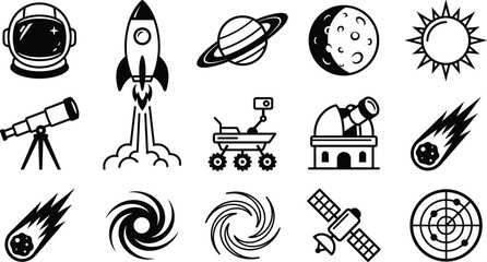 Space Exploration and Astronomy Icon Set with Rocket, Astronaut, Planet, Satellite, and Galaxy Symbols for Science Websites, Educational Apps, and Digital Vector Graphic Designs © Faima