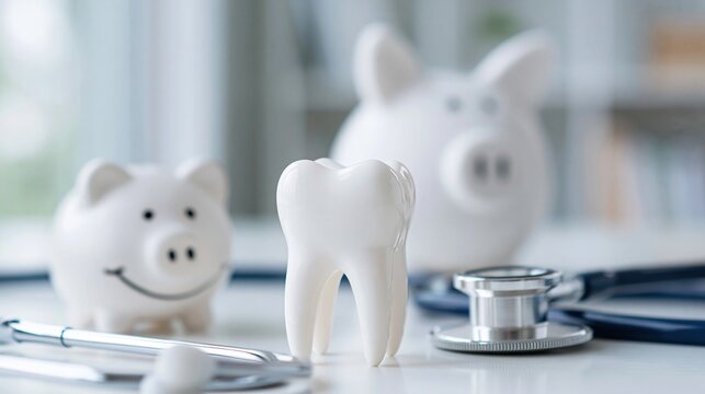 Financial Planning for Dental Health: Tooth Model with Piggy Banks and Stethoscope