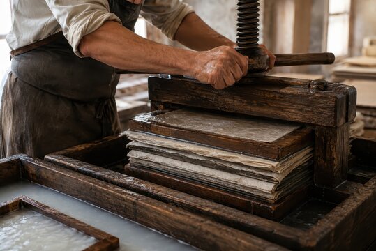 Traditional papermaking process using a wooden press to create sheets of paper
