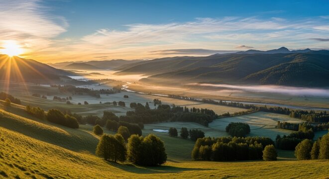 Beautiful sunrise over a misty valley with rolling hills, green meadows, and a winding river landscape