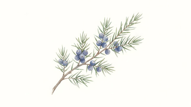 Watercolor illustration of a juniper branch with blue berries on a white background.