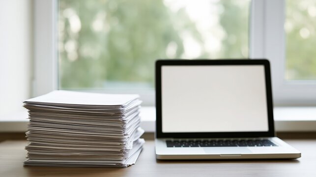 Stack of Papers Beside Open Laptop on Wooden Desk with Blurred Greenery Outside Window
