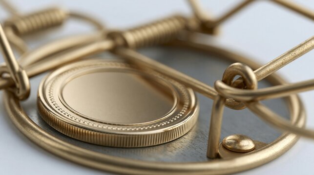 Close-up of a gold coin resting precariously within a sprung metallic mousetrap, symbolizing financial risk