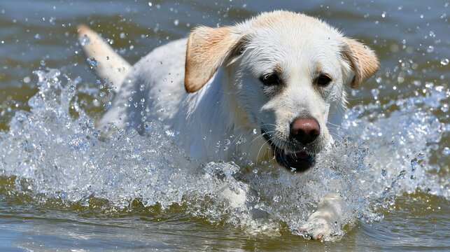 Happy White Labrador Retriever Dog Joyfully Splashing Through Water on a Sunny Day