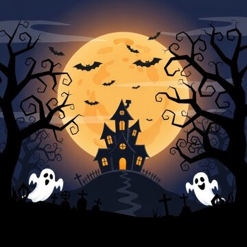 Haunted house on a hill with ghosts and bats under a full moon for halloween