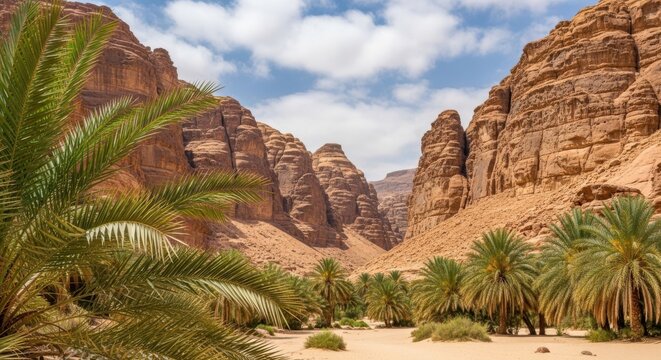 Scenic desert landscape with palm trees and towering sandstone cliffs in alula
