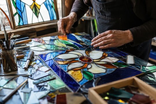 Artisan crafting a stained glass window with colorful glass pieces