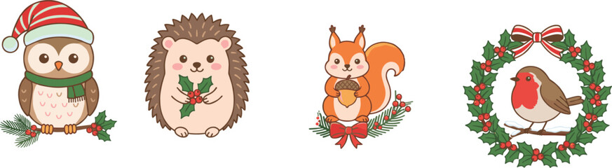 Fototapeta premium Cute Christmas woodland animals vector set with festive owl, hedgehog, squirrel,