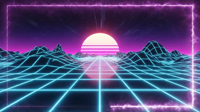 Neon synthwave mountain landscape with blue grid.