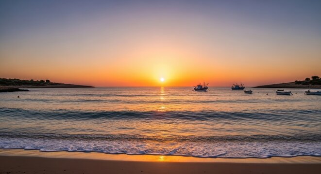 Serene sunset over a calm sea with small fishing boats anchored near the shore on a sandy beach