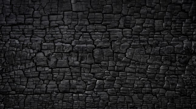close-up photograph of a charred wood surface featuring intricate cracks, dark black tones, and a rough burnt bark texture.