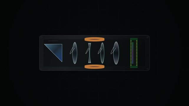 3D animation of a periscope lens mechanism showing light refracting through optical elements and hitting an image sensor