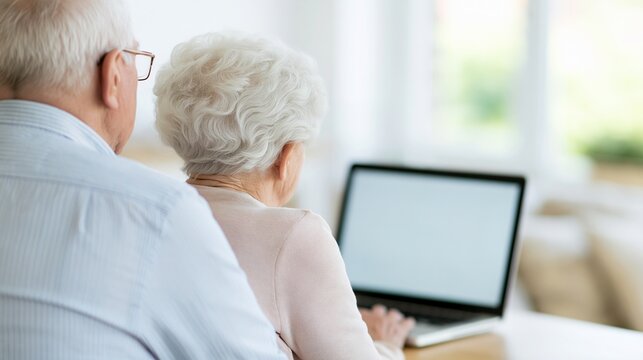 Elderly couple learning and connecting online with a laptop computer in a bright home environment