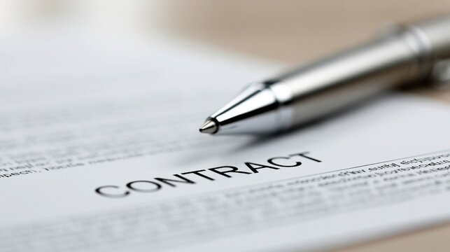 Close-up of a metal pen poised above a printed contract document, ready for signing