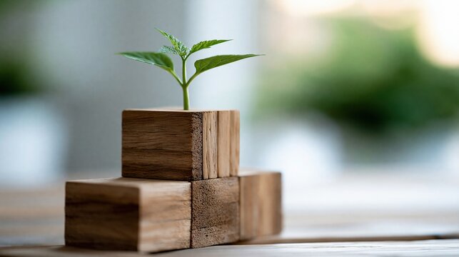 Small green sprout growing from stacked wooden blocks, symbolizing growth, development, and a new beginning